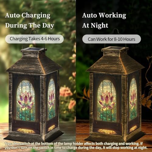 Solar Lantern Victorian Stained Glass Window Lotus Flower Outdoor Waterproof Garden Hanging Lantern Solar Powered Lighting Outside Table Lamp for Patio Deck Camping 1 Pack - Image 3