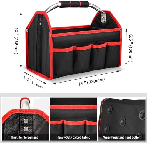HAUTMEC 13 Inch Tool Bag, Foldable Open Top Tool Bag with Stiff Frame, Heavy-Duty Tool Tote with Padded Handle, Water-Resistant Base, Portable Tool Organizer for DIY & Jobsite Use – TB0001 - Image 3