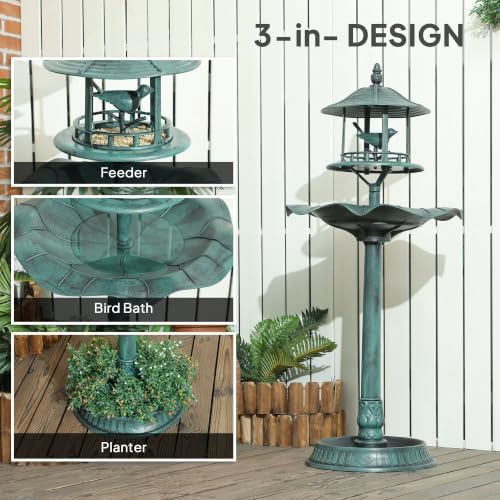 Outsunny 3 in 1 Garden Bird Bath Bowl Pedestal with Bird Feeder, Green - Image 3