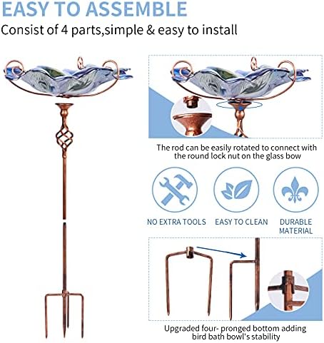 VCUTEKA Glass Bird Bath Outdoor Birdfeeder with Metal Stake Garden Decor - Image 6