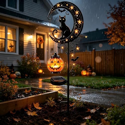 Solar Halloween Black Cat & Pumpkin Moon Metal Garden Stake Light, Waterproof Solar Outdoor Decor, Auto Dusk Light Ornament for Yard Lawn Patio Pathway - Image 5