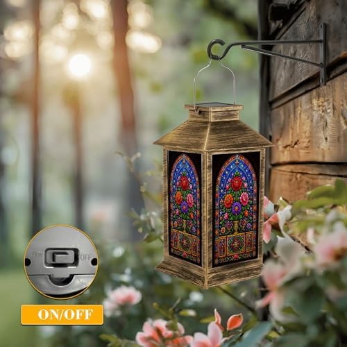 Solar Lantern Outdoor Waterproof Stained Glass Garden Decor LED Hanging Solar Lights Tabletop Lamp Gifts for Women Mom Outside Yard Patio Porch - Image 5
