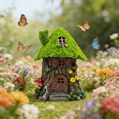 COWOS Fairy Tree House Night Light with LED - Moss Covered Resin Fairy House Miniature Garden Decor, Outdoor Waterproof Statue for Patio Yard Lawn, Gift for Garden Lovers Kids by COWOS