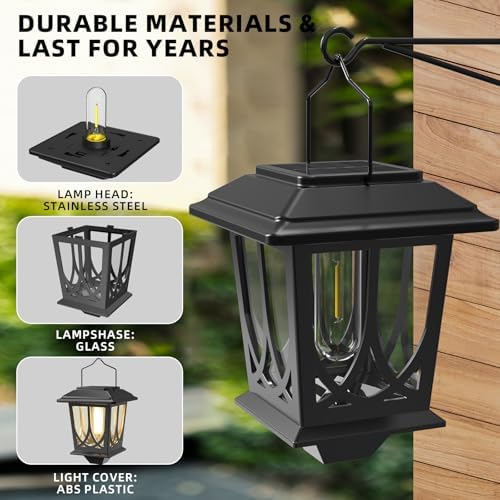 Solar Lanterns Outdoor Waterproof 2 Pack, Glass Auto On/Off LED Hanging Solar Lights, Outdoor Lantern with Wall Mount for Yard Fence Patio - Black - Image 6