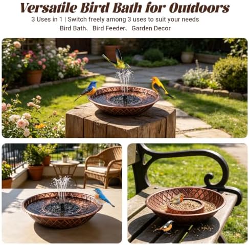 Solar Bird Bath for Outside, 13" Vintage Metal Bird Bath - Image 7