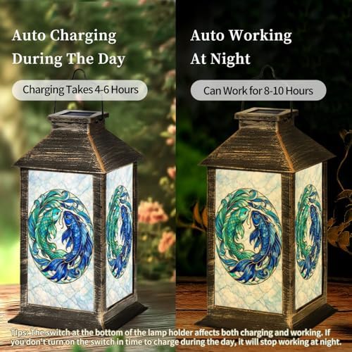 Solar Lantern Elegant Stained Glass Koi Fish Flowing Tails Turquoise Blue Outdoor Waterproof Hanging Solar Light Outside Lights for Patio Yard House Lawn Decor Birthday Gifts for Women Mom - Image 4