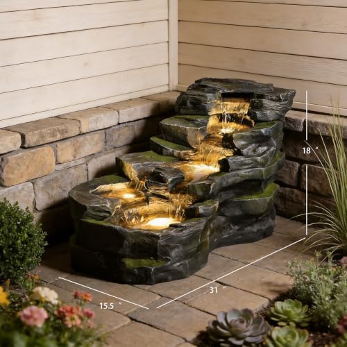 Sunlinua Garden Water Fountain Outdoor Feature, 5-Tier Rock Water Fall Fountains, Natural Waterfall Outdoor Fountains with Pump, LED Lights for Patio, Porch, Home Art Decor, 31 Inch Length - Image 5