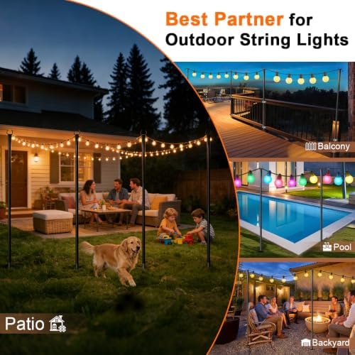 4 Pack String Light Poles for Outside, Upgraded Heavy-Duty Metal Light Poles for Outdoor String Lights with Fork, Adjustable Lighting Accessories for Patio Decor Backyard Pergola Garden Decorations - Image 3