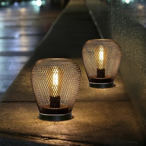 JHY DESIGN Set of 2 Metal Cage LED Lantern Battery Powered Lamp Cordless Accent Light with LED Edsion Style Bulb Great for Weddings Patio Events for Indoors Outdoors（Diamond Shape - Image 5