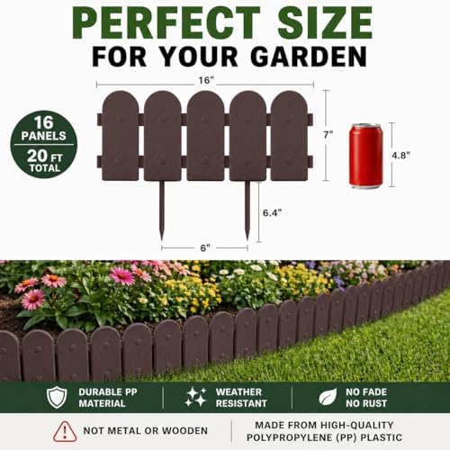Evelyne Garden Border Plastic Edging: Wooden Fence Design - 16pcs Brown Yard Landscaping Fence Liner Lawn Edge Barrier - 20ft Kit of Decorative Lawn Panels Elements -Landscaping Edging-GMT-10374-A16 - Image 2