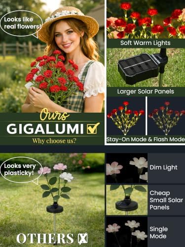 GIGALUMI 4 Pack Solar 28 Carnations Flowers Outdoor, 2 Modes, Red - Image 2