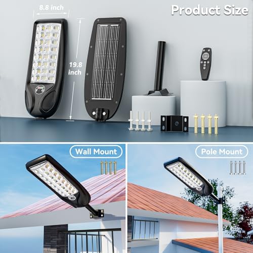 MMKT Solar Street Lights Outdoor Waterproof, 3 Color LED Dusk to Dawn Solar Light, Flood Lights with Motion Sensor and Remote Control, Parking Lot Light 1 Pack (Large 2 Pack) - Image 3