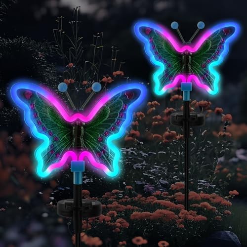 Solar Butterfly Lights Outdoor,Butterfly Solar Lights for Outside, Solar Garden Decor, Outdoor Garden neon Lights,Pathway Butterfly Lights, Gifts for mom (Light Blue,2pack) by TOPREFORM