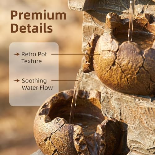 27'' Solar Powered Water Fountain Outdoor, Cascading Stones & Broken Earthenware Waterfall Fountain, Natural Relaxing Water Feature for Garden, Patio, Yard Landscape Decor - Image 5