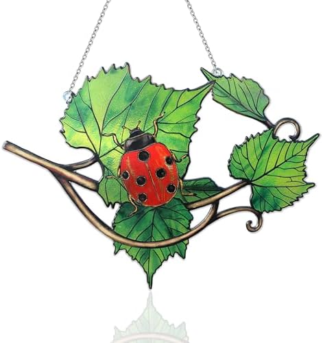 Plant Suncatcher Glass, Stained Glass Suncatcher Plant Window Hanging, Unique Nature Lover Gifts Leaf (Leaves & Ladybug) by StainedGlassArtware