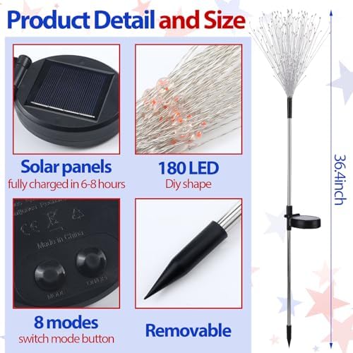 Tujoe 12 Pcs 4th of July Solar Firework Stake Lights 180 LED 8 Modes - Image 2
