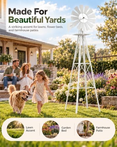 8FT Windmill for Yard Garden Decoration with Weather Vanes，Heavy Duty Outdoor Wind Mills, Large Metal Outdoor Windmill,Weather Resistant,White - Image 2