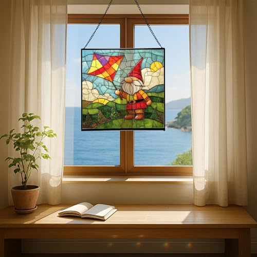 Kite String Gnome Stained Glass Suncatcher – Square Hanging Window Panel for Home or Greenhouse – Whimsical Glass Art Gift for Garden Lovers, Christmas, Halloween, Father Days Mjhqbn - Image 6
