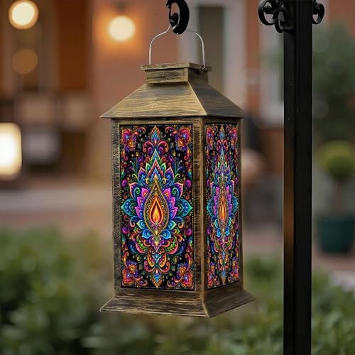 Solar Lantern Outdoor Waterproof Sea Turtle Aztec Mandala Ornament Traditional Floral Vintage Painting Garden Decor LED Hanging Solar Lights Tabletop Lamp Gifts for Women Mom Outside Yard Patio Porch by DERUINVAIO