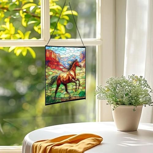 Brown Mustangs Horse cantering Through Open Canyon Floor Square Suncatcher – Stained Glass Style Window Panel with Pastoral Scene, Custom Decorative Hanging Art for Equestrian Home, Christmas ZSuxkT - Image 3