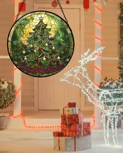 Stained Glass Window Hanging - Retro Green Christmas Tree Suncatcher for Doors Home Christmas Decoration Sun Catcher Thanksgiving New Year Birthday Gifts for Women Men Mom Nana 15 in - Image 3