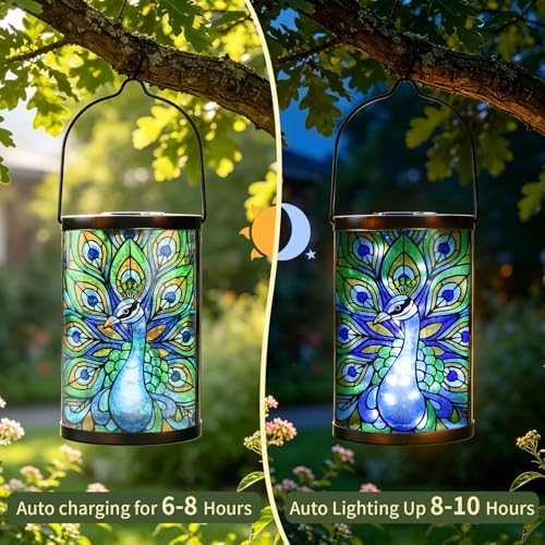 MUMTOP Peacock Glass Solar Lantern Waterproof Outdoor Hanging Garden Light - Image 6