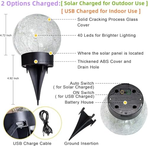 Beautyard Solar Globe Lights Outdoor Large Garden Decor USB Charged 4.72" Diameter 40LED 1000mAh Solar Lights Cracked Glass Globe Solar Power Yard Patio Garden (4.72'' Large 2 Pack Warm White) - Image 5