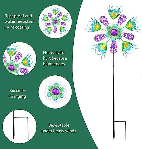Solar Peacock Wind Spinners for Yard & Garden - 40 Inch Metal Wind Sculpture, Kinetic Windmill with Multi Color LED Lights, Lawn & Patio Art Decor - Image 3