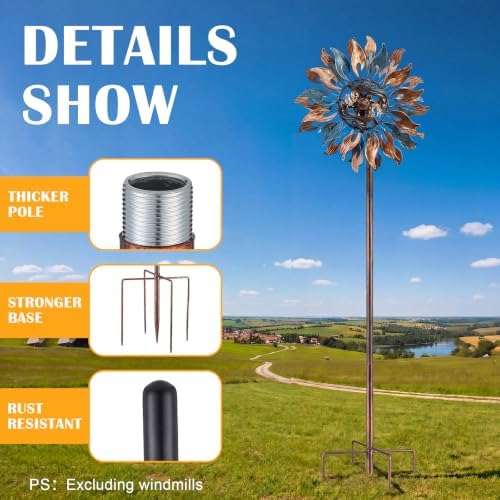 LEIFIDE Copper Color 72" h Replacement Pole for Large Wind Spinner, Windmill Replacement Parts, Three-Part Composition, 22mm Thicker Tube, Easy Assembly for Large Metal Wind Spinner (5 Prongs Base) - Image 3