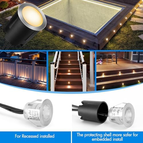 16 Pack LED Recessed Deck Lights with Protecting Shell, IP68 Waterproof Warm White, 0.6W , Outdoor Landscape Lighting, 12V Low Voltage Deck Lights Kit for Garden Yard Step Riser Stair Decoration - Image 2