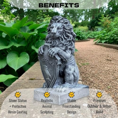 OLOMA Lion Welcome Concrete Statue Cement Guardian Figurine Outdoor Garden Sculpture Leo Handmade Decor Front Porch Entryway Patio Yard Lawn Ornament Front Door Gothic Art - Image 2