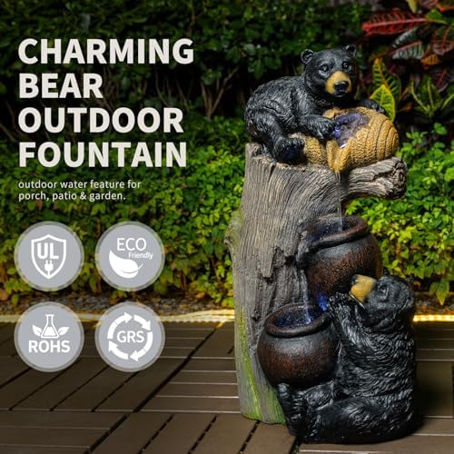 23.6" H Modern Bear Outdoor Water Fountain with LED Lights and Pump, Floor Standing Waterfall Feature Outdoor Garden Fountain for Garden, Porch, Patio and Backyard Decor - Image 5