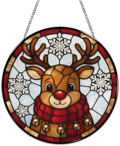 Cute Christmas Reindeer Stained Glass Suncatcher 11.8" Colorful Window Hanging Ornament, Sun Catcher Decor for Bathroom Front Door Living Room Home Wall Garden - Image 4