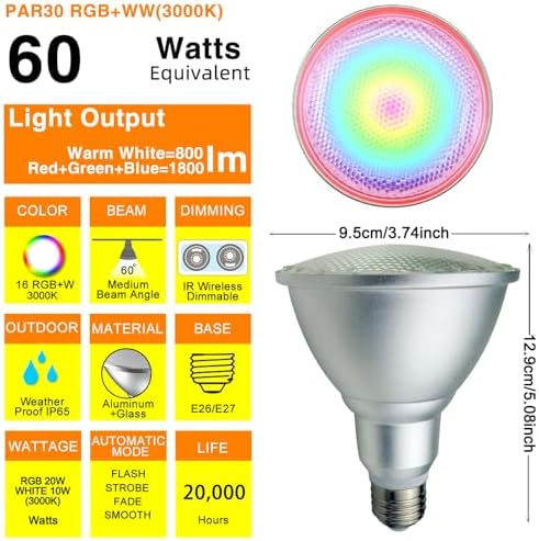 2Pack PAR30 LED Bulb, 30W RGB+Warm White(3000K) - Image 2