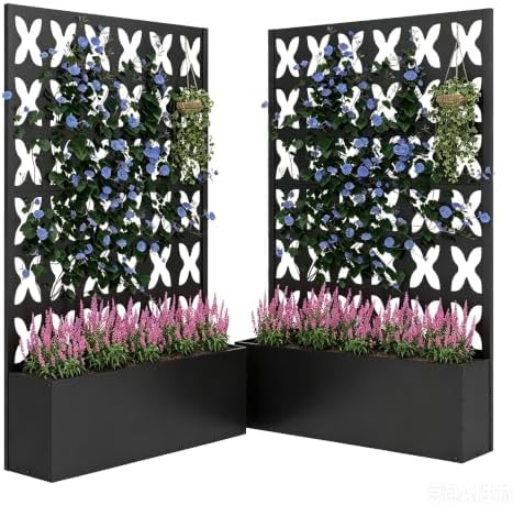 2PCS Metal Planter Box with Trellis,70.9"x47.2"x15.7" Raised Garden Bed with Drainage Holes, Privacy Planters for Outdoor Garden Bed for Climbing Plants,Vegetables,and Vines, Black-X by FOLAWO