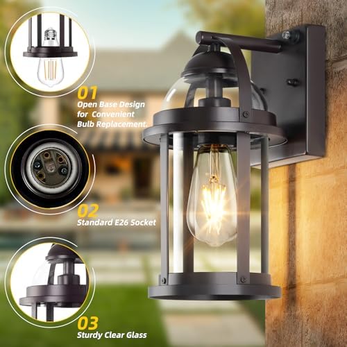 OKELI Dusk to Dawn Outdoor Wall Lights, Waterproof Lighting Fixtures Rustic Farmhouse Wall Lanterns with Clear Glass Shades Anti-Rust Outside Lights for Garage Patio Porch(Brown, 1 Pack) - Image 3