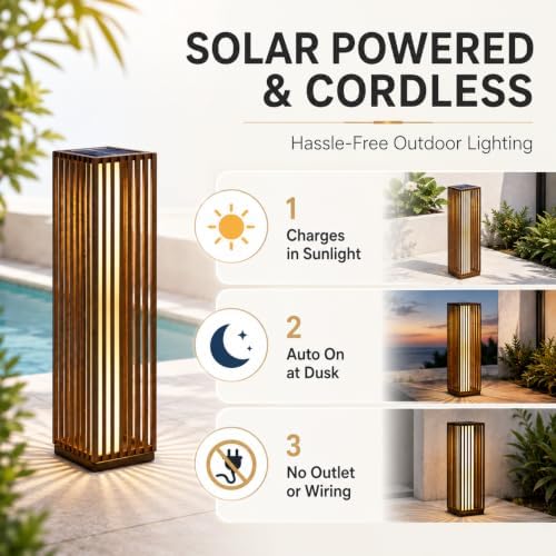 Solar Yard Slim Solar Outdoor Floor Lamp, Modern Wicker Patio Light with Dual Brightness 50/100 Lumens, Cordless Waterproof Standing Lantern for Backyard, Porch, Balcony & Poolside Decor, Brown - Image 3
