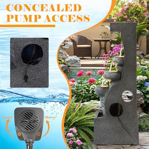 Water Fountain Outdoor, 5-Tier Cascading Bowl Waterfall Fountain, Large Water Feature with 5 LED Lights, 39" Modern Indoor Floor-Standing Garden Fountain for Patio, Backyard, Porch - Image 6