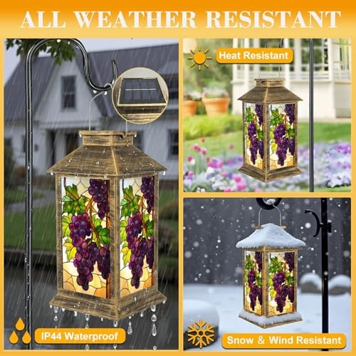 Solar Lantern Outdoor Garden Hanging Lantern Stained Glass Grape Vine Purple Grapes Green Leaves Grapevine Waterproof Solar Powered Lighting Outside Table Lamp for Patio Deck Yard Camping - Image 3