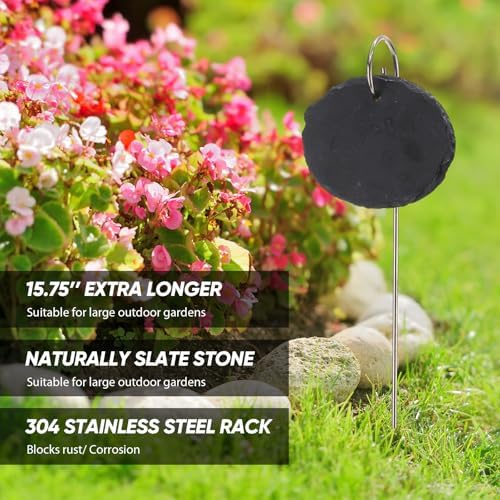 Colingmill 12 Sets Plant Labels Slate Plant Tags Garden Sign Marker Weatherproof Reusable Natural Slate Garden Sign Hanging Tag with Metal Stake and Pen for Outdoor Flower Vegetable(Oval) - Image 3
