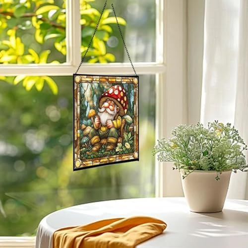 Gnome with Mushroom Maintenance Stained Glass Suncatcher – Square Hanging Window Panel for Home, Garden, Nursery, Halloween, Christmas, Memorial Day – Whimsical Glass Art Gift for Gnome Lovers furjak - Image 3