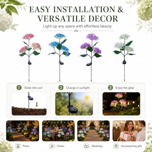 Fairy Hydrangea Solar Lights Outdoor Waterproof, 4Pcs Solar Flowers Outdoor Garden Realistic Artificial Flower Stake LED Garden Decor for Pathway Patio Yard Lawn (Pink (4Pcs)) - Image 7
