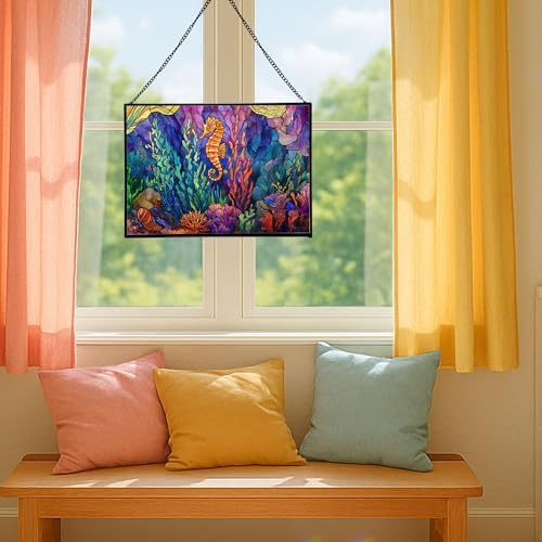 Glowing Coral Garden with Tiny Seahorse Rectangular Stained Glass Suncatcher – Hanging Window Panel with Animal & Nature Scene – Vibrant Glass Art Gift for Wildlife, Fantasy, Nature Lovers gQJxpI - Image 5