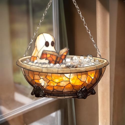 Cute Ghost Reading in Bathtub Acrylic Suncatcher - Faux Stained Glass Indoor Window Hanging Ornament, Outdoor Sun Catcher Panel, Home Decor Gift for Ghost Lovers by Unknown
