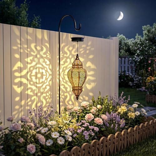 Hapjoy Moroccan Hanging Solar Lights Outdoor Lantern Bidirectional Availabili Garden Decor Waterproof Plastic Gold Decorations for Patio Pathway Yard Backyard Solar Powered Garden Decorative (1, gold) - Image 3