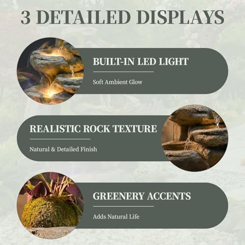 Water Fountain Outdoor,Corded Electric 6-Tier Cascading Rock Waterfall with LED Lights,Garden Fountain with Built-in Pump & Water Circulation,Weather-Resistant Resin for Patio (26.5) - Image 4