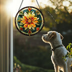 Stained Glass Window Hanging - Retro Yellow Flower Suncatcher for Door Garden Home Decor Dahlia Sun Catcher Christmas Birthday for Lovers Friend Women Mom Nana 11.8 in - Image 2