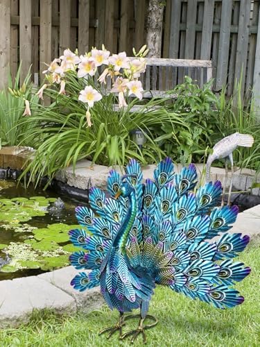 YEAHOME Garden Decor Outdoor Statues, 22.4" Large Metal Peacock Standing Yard Art, Blue Green Bird Lawn Sculptures Garden Decor for Outside Patio Porch Backyard - Image 5