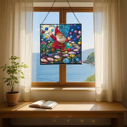 Gnome in a Jellybean Garden Stained Glass Suncatcher – Square Hanging Window Panel for Home or Greenhouse – Whimsical Glass Art Gift for Garden Lovers, Christmas, Halloween, Father Days v4Uq3H - Image 6