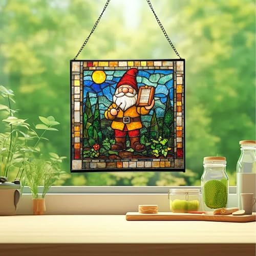Gnome with rain Gauge Stained Glass Suncatcher – Square Hanging Window Panel for Home, Garden, Nursery, Halloween, Christmas, Memorial Day – Whimsical Glass Art Gift for Gnome Lovers pcwylf - Image 2